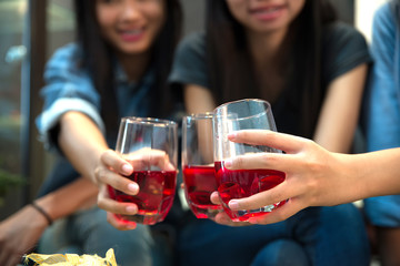 Many women are drinking at a party.new year,Christmas,birthday party.