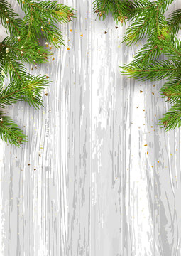 Christmas card background with fir tree and holidays decorations.