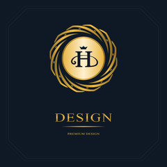 Gold Emblem of the weaving circle. Monogram design elements, graceful template. Simple logo design Letter H for Royalty, business card, Boutique, Hotel, Heraldic, Web design. Vector illustration