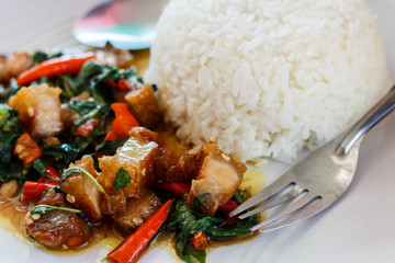 Stirred with crispy pork Thailand food