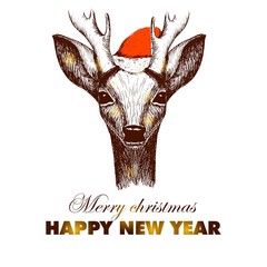 hand drawn vector illustration with a deer in red santa hat whith text merry christmas, happy new year