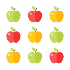 Colorful apple icon set isolated on white background. Vector flat design elements for healthcare, diet infographic, presentation and print.