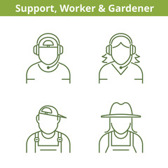 Occupations avatar set: support operator, workman, gardener. Flat line professions userpic collection. Vector thin outline icons for profiles, web design, social networks and infographics.