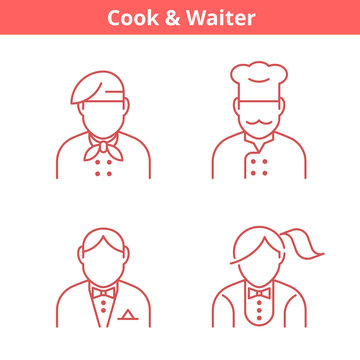 Occupations avatar set: cook, chef, waiter, baker. Flat line professions userpic collection. Vector thin outline icons for profiles, web design, social networks and infographics.