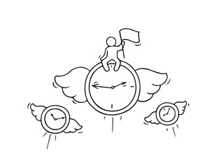Sketch of flying clocks with little worker.