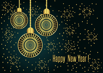 Happy new year vector illustration with decorative balls in golden color