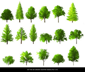 Green Tree summer season set for architecture landscape design, 3D Tree isolated on white No.1 - obrazy, fototapety, plakaty