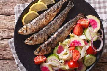 Mediterranean food: grilled sardines with fresh vegetable salad close-up. horizontal top view