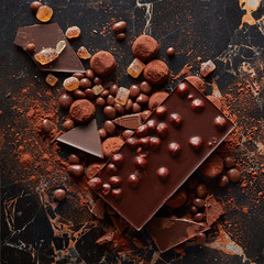 Top view of luxury delicious chocolate and candies truffles