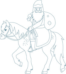 Fototapeta premium Father Frost with gift bag riding on a horse. Coloring page 