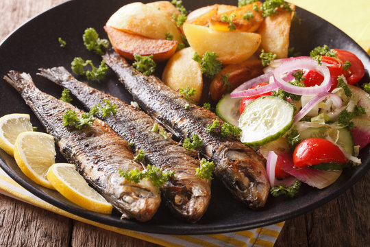 Fried sardines with potatoes and fresh vegetable salad close-up. horizontal