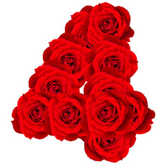 Red Roses numbers 4 made from bloom red rose isolated on white b
