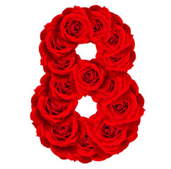 Red Roses numbers 8 made from bloom red rose isolated on white b