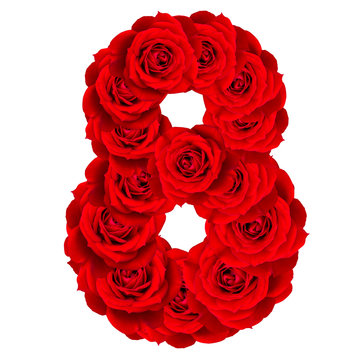 Red Roses numbers 8 made from bloom red rose isolated on white b