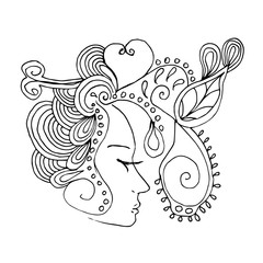 Portrait of pretty young woman in profile view with long beautiful hair with flowers. Vector illustration Can be used as adult coloring book, coloring pages, card invitation.