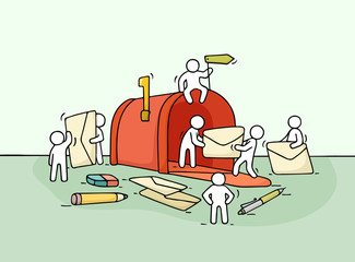 Sketch of working little people with open mailbox.
