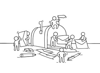 Sketch of working little people with open mailbox.
