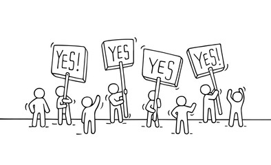 scene of workers with protest transparents