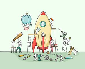 Sketch of working little people with big rocket.