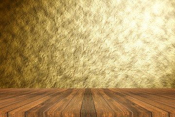 Perspective brown wooden floor against Abstract gold texture background with beautiful spotlight emit effect.illustration for design.for display or present your products