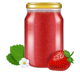 Jar of homemade strawberry jam. Vector illustration.