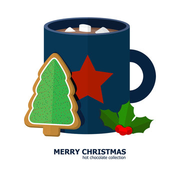 Mug of hot chocolate with marshmallows and gingerbread tree cookie on Christmas theme setting.