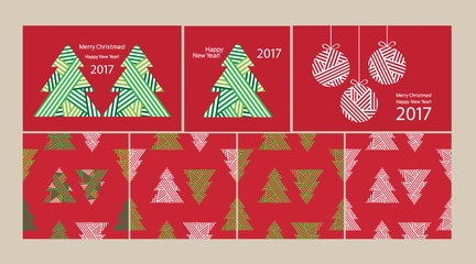 Happy New Year 2017. Merry Christmas. Set of Christmas and New Year elements: card, wrapping paper. Christmas seamless pattern. Vector.