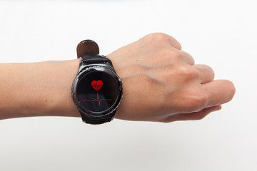 smart watch check heart pulse, woman wrist on white background