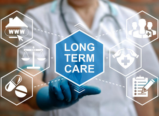 Doctor touched LONG TERM CARE text and working with modern computer virtual medical interface....