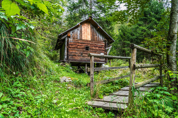 Fototapeta na wymiar Holzbrücke führt zu einer alten Wassermühle im Wald