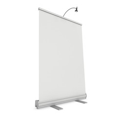 Blank Roll Up Banner Stand. Trade show booth white and blank. 3d render isolated on white background. High Resolution Template for your design.