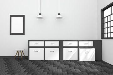 3D rendering : illustration of black and white interior modern kitchen room design with two vintage lamp hanging. wooden floor.sun light shining from outside of the room.design your home concept.