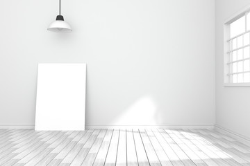 3D rendering : illustration of white poster hanging on the wall in empty room.space for your text and picture.product display template.white wall and wooden floor.light from outside.