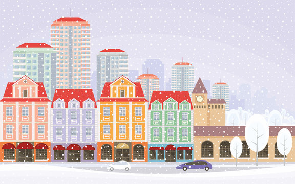 The image of a winter city. Snow-covered streets with small old houses and high-rise buildings in the background. Vector illustration