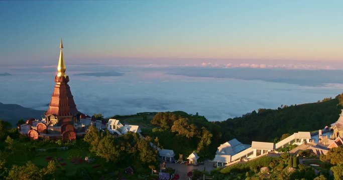 Aerial view of Buddhist pagoda temple in Thailand at sunrise