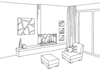 Fireplace living room interior graphic art black white sketch illustration vector