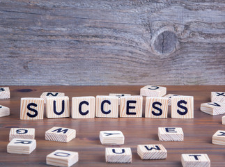 Success from wooden letters on wooden background.