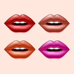 Girl lips with varicolored lipstick vector set