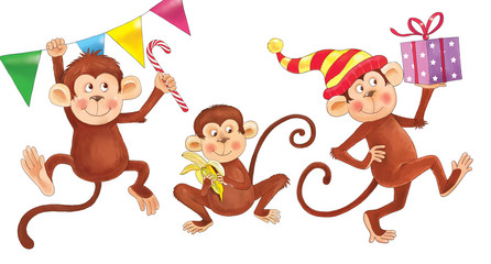 Small set of cute Christmas monkeys isolated on white background