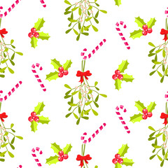 Festive kissing bough seamless vector pattern. Traditional plant tied with red bow. Holly berry and stripes candy cane white background.
