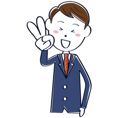 かわいい　真面目そうなビジネスマン　線画 　上半身　Vサイン
