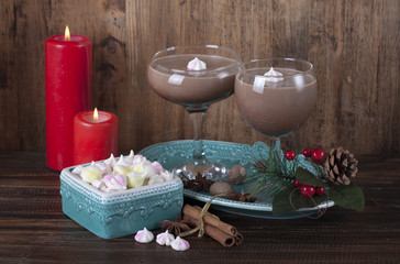  Eggnog in glasses and  meringue cake