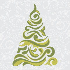 Green tree pattern hand drawn on a ornamental background