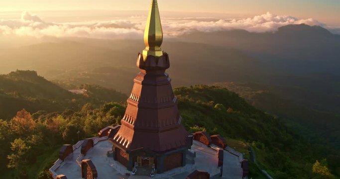 Aerial view of Buddhist pagoda temple in Thailand at sunrise