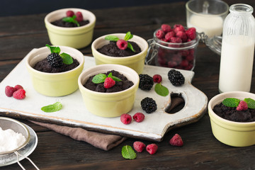 Set of small chocolate cake with raspberries, blackberries and m