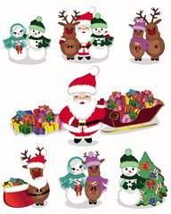 Set of flat icons with Santa Claus, reindeer, snowmen and sledge with presents. Vector illustrations