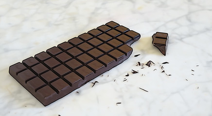 plaque de chocolat noir avec un carré séparé sur marbre blanc veiné