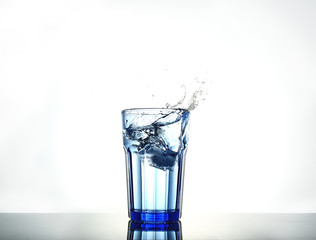 Splash of water with ice in a glass