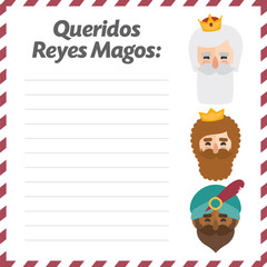 The three kings of orient. vectorized letter. Dear wise men written in Spanish
