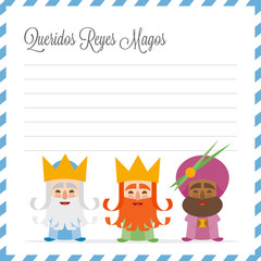 The three kings of orient. vectorized letter. Dear wise men written in Spanish
